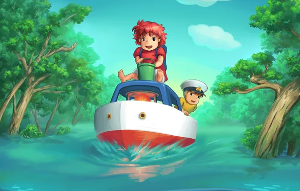 Water, trees, ship, flood, Hayao Miyazaki, Ponyo on the Cliff by the Sea, Ponyo on …