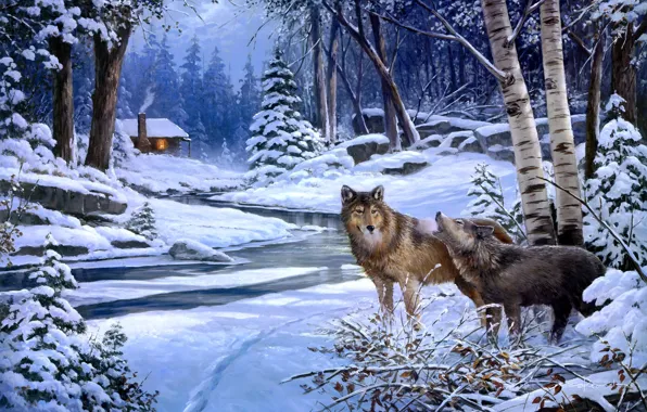 Winter, forest, animals, snow, wolf, wolves, hut, painting