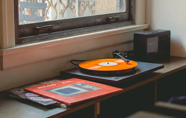 Picture music, table, window, gramophone, vinyl records