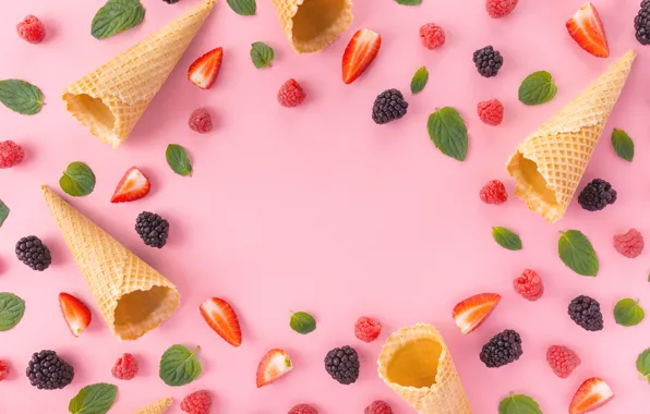Picture berries, waffle cone, composition, background