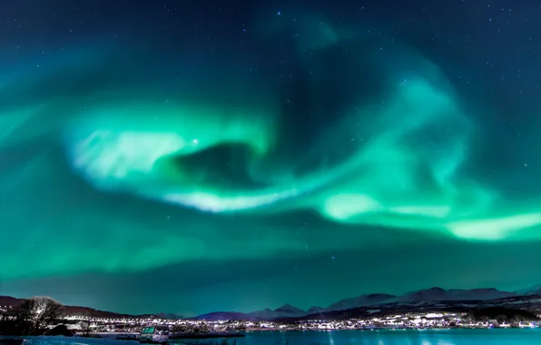 The sky, stars, light, night, the city, Northern lights, Norway