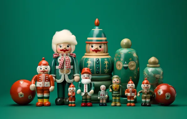 Balls, toys, Christmas, New year, figures, green background, Christmas decorations, AI art