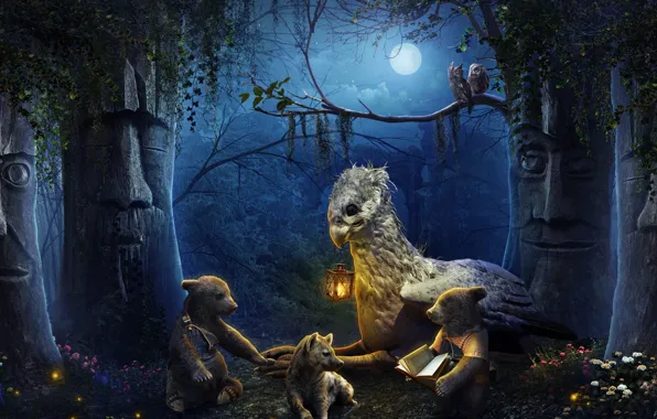 Trees, flowers, night, the moon, bears, lantern, Griffin, idols
