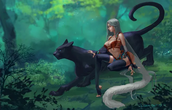 Forest, girl, Panther, art, Suroo, bigcat and girl