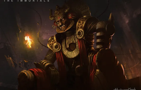 Look, being, fangs, The immortal Mahabali, bali throne