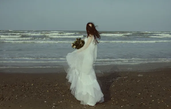 SAND, DRESS, SURF, FLOWERS, SHORE, MOOD, BOUQUET, The BRIDE