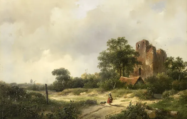Tree, oil, picture, Andreas Schelfhout, Landscape with the Ruins of the Castle Brederode in Santpoor