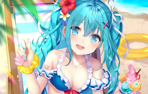 Girl, sexy, Hatsune Miku, cleavage, beach, Vocaloid, long hair, sea