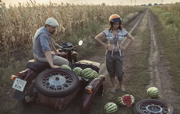 Picture chest, girl, wheel, motorcycle, watermelons, cornfield, trouble, fell off