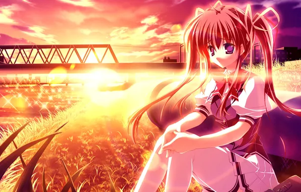 Water, girl, the sun, sunset, bridge, tape, river, art