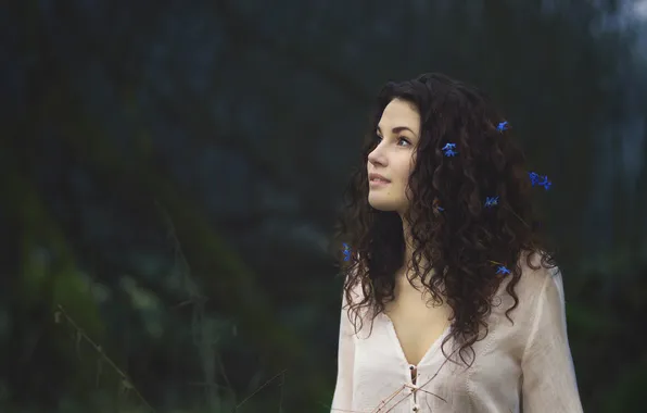Girl, flowers, blue, curls, curls