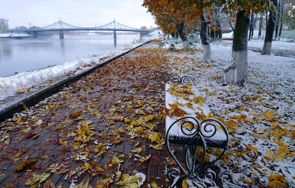 Picture autumn, leaves, landscape, bridge, October, promenade, Volga, chestnuts