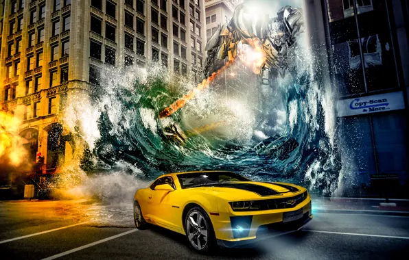 Picture machine, water, the city, robot, Chevrolet, Camaro, transformers