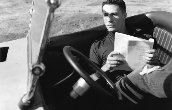 The wheel, actor, black and white, car, salon, Colton Haynes