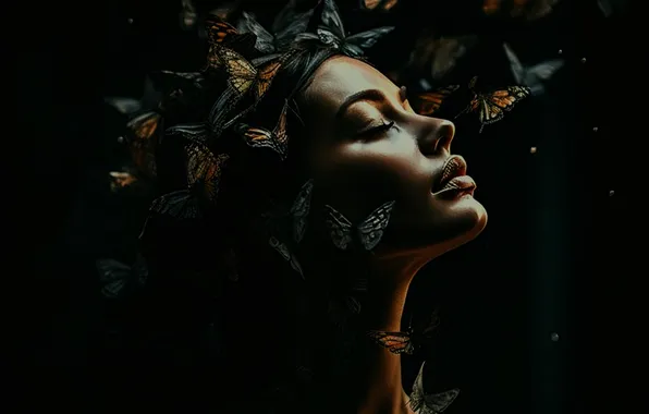 Girl, butterfly, the dark background, shadow, digital art, profel, generated by AI