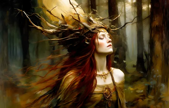 Forest, girl, branches, portrait, fantasy, image, elf, painting