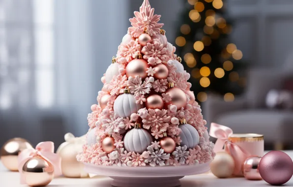 Balls, flowers, lights, table, balls, pink, Christmas, mug