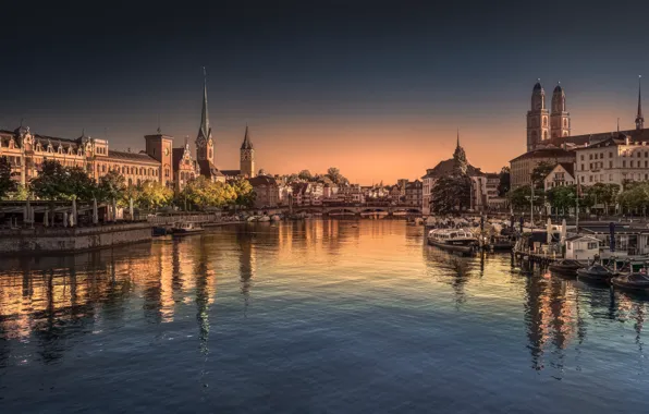 River, building, boats, Switzerland, Europe, Cathedral, Zurich