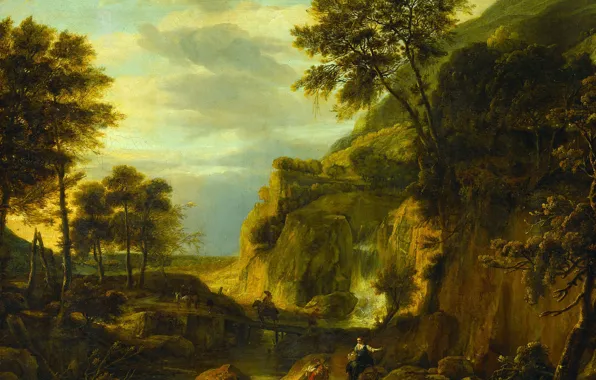 Picture oil, picture, canvas, 1692, Mountain landscape with a waterfall, Roelant Roghman, Roelant Rogman