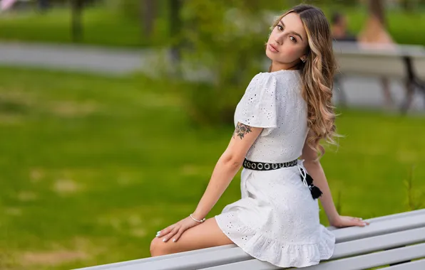 Look, Bench, Dress, Sitting