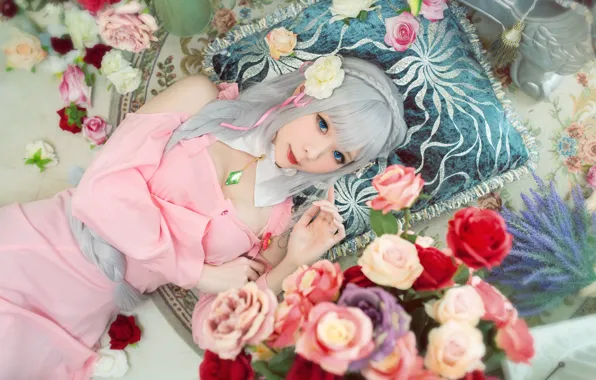 Chest, look, girl, flowers, face, pose, style, background