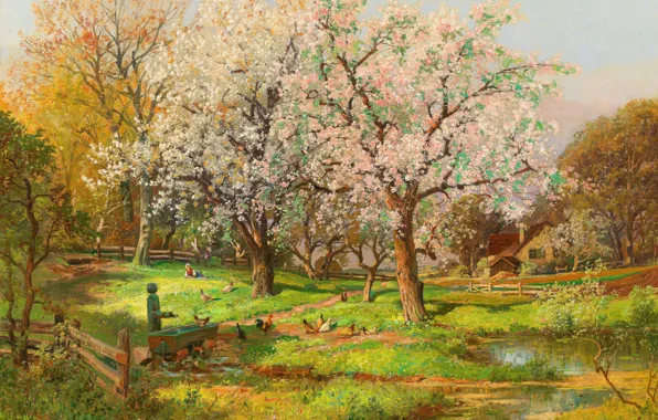 Home, Trees, Garden, Picture, Alois Arnegger, Alois Arnegger, Austrian painter, Chickens