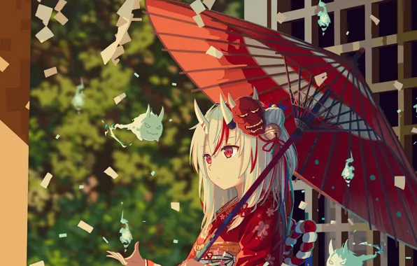 Girl, umbrella, fantasy, temple, demons, Hololive virtual youtuber, Holo no Graffiti, Ayame Nakiri