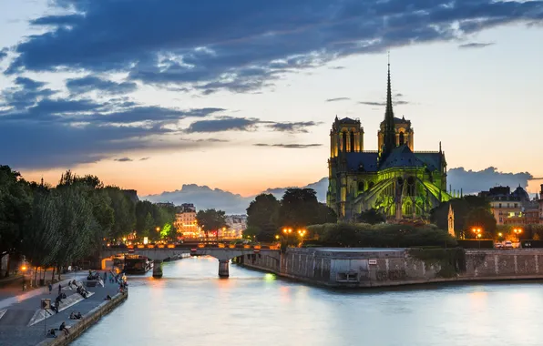 Picture bridge, lights, river, France, Paris, the evening, Hay, Cathedral