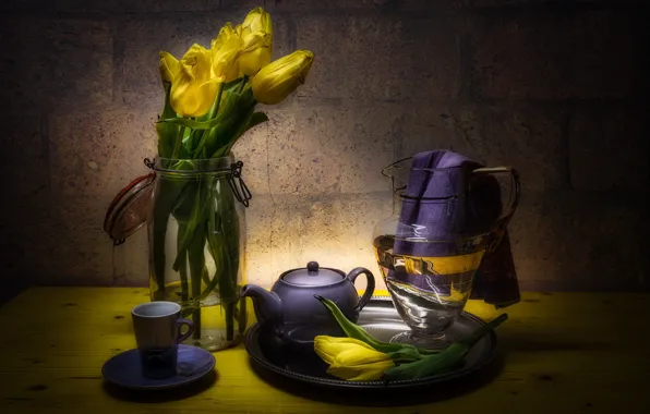 Glass, light, flowers, table, wall, tea, towel, bouquet
