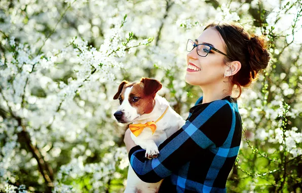 Girl, flowers, smile, dog, spring, glasses, flowering, pet