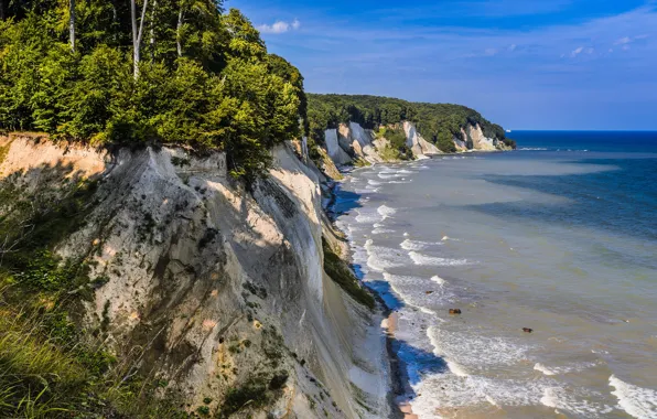 Sea, the sky, the sun, trees, rocks, coast, Germany, horizon