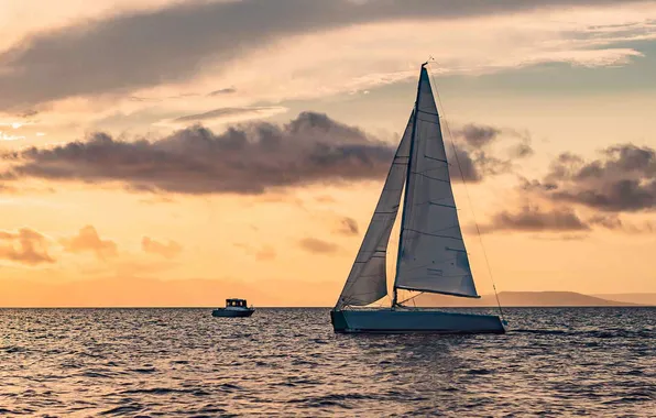 Sea, the sky, sunset, clouds, the way, movement, the wind, boat