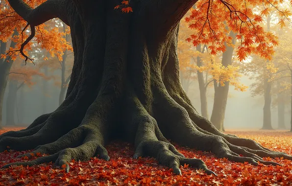 Autumn, roots, fog, tree, branch, foliage, paws, claws
