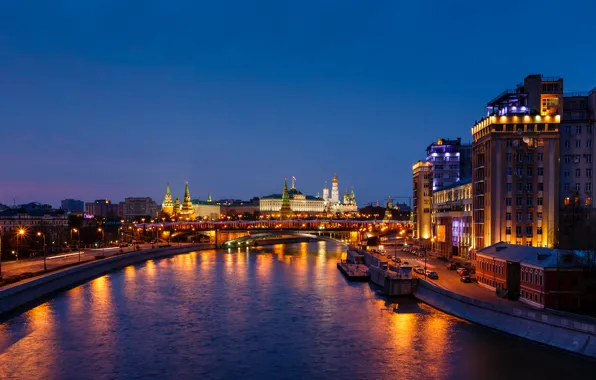 Night, Moscow, The Kremlin, Russia, capital
