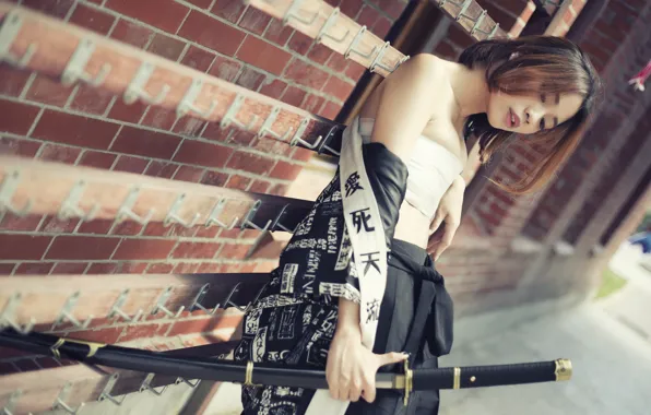 Face, style, model, hair, sword, katana, Asian