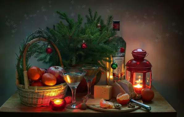 Picture holiday, spruce, Still life, Martini, tangerines, ham