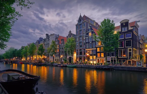 The city, building, home, boats, the evening, lighting, Amsterdam, lights