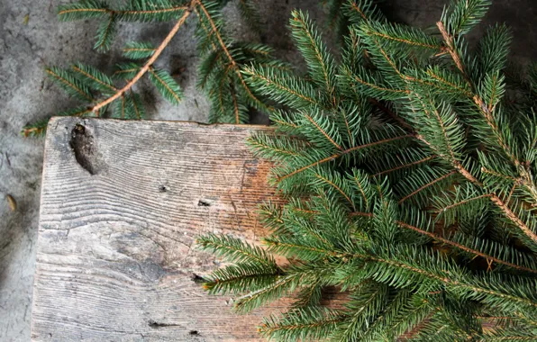 Branches, holiday, Christmas, New year, Board, needles, coniferous, wood