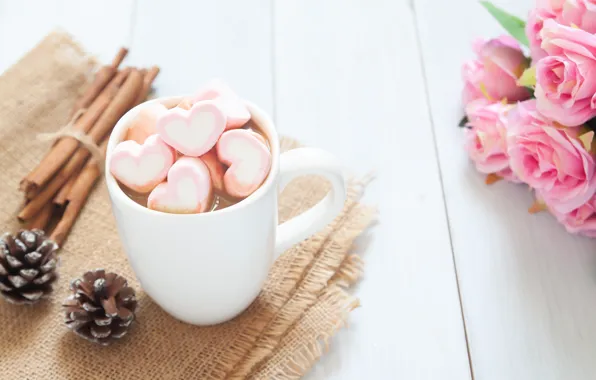 Picture roses, bouquet, Cup, hearts, wood, pink, cup, romantic