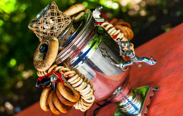 Table, tea, the tea party, bagels, samovar, bagels, drying, metal