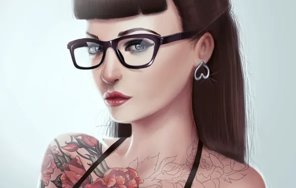 Picture look, girl, hair, tattoo, art, glasses, painting, bangs