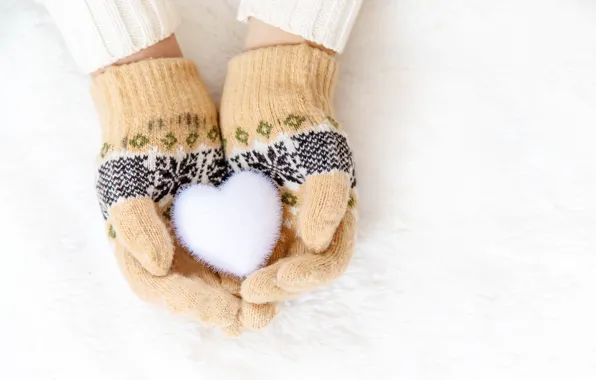 Winter, snow, snowflakes, heart, love, heart, winter, mittens