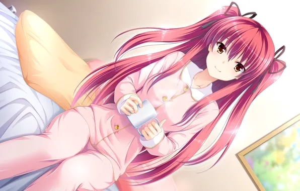 Picture look, girl, smile, mug, bed, pajamas, art, kimishima ao