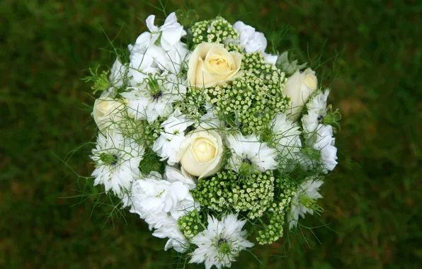 GRASS, WHITE, ROSES, BOUQUET, GREEN, COMPOSITION