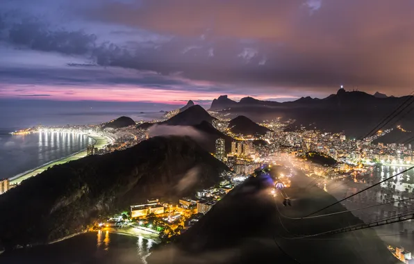 The sky, sunset, mountains, clouds, city, the city, lights, hills