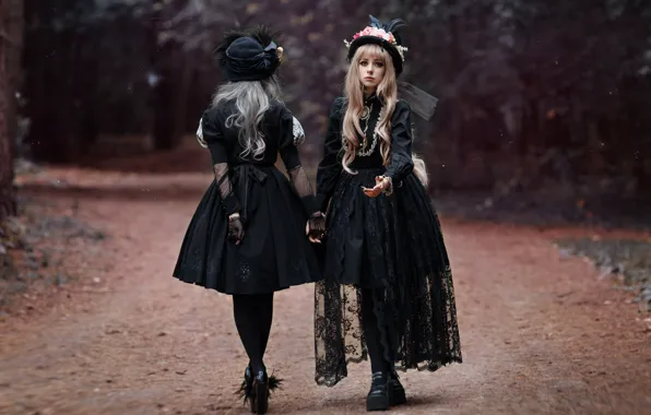 Road, style, hats, two girls, in black, dresses, photographer Svetlana Nicotine, Mila Rogova
