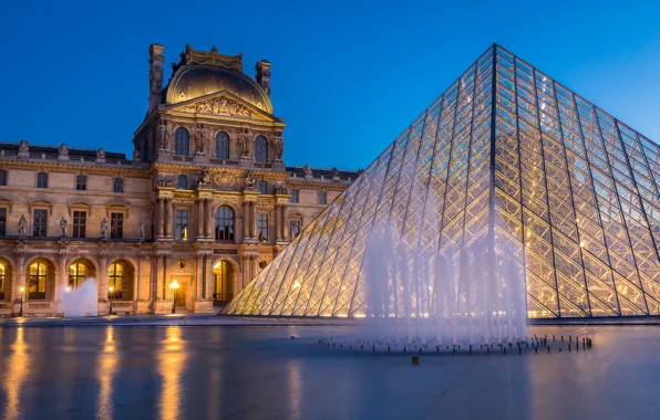 Night, the city, France, Paris, the building, The Louvre, lighting, area