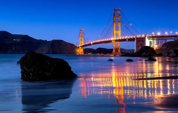 Water, bridge, the city, Strait, reflection, stones, the evening, lighting