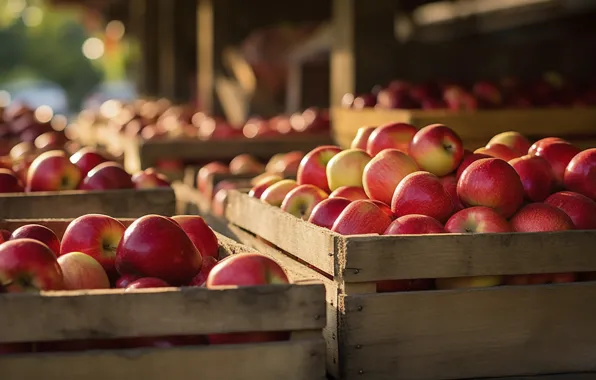 Apples, harvest, red, boxes, box, a lot, AI art, neural network