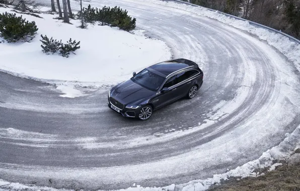 Picture winter, road, snow, Jaguar, turn, top, universal, Jaguar XF